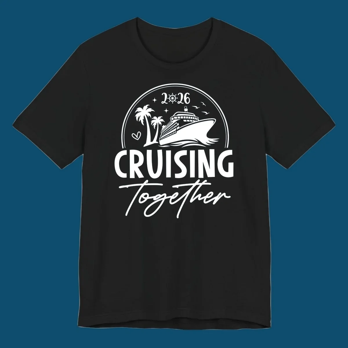 A round badge design with a cruise ship, palm trees, and the text 'CRUISING Together 2026'.