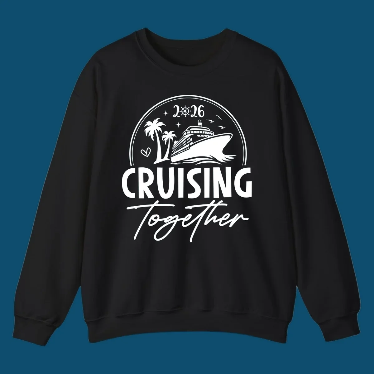 A round badge design with a cruise ship, palm trees, and the text 'CRUISING Together 2026'.