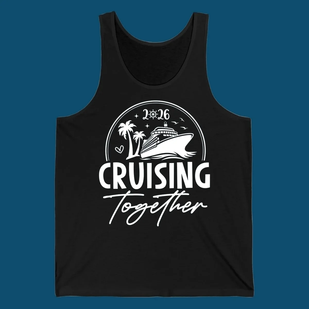 A round badge design with a cruise ship, palm trees, and the text 'CRUISING Together 2026'.