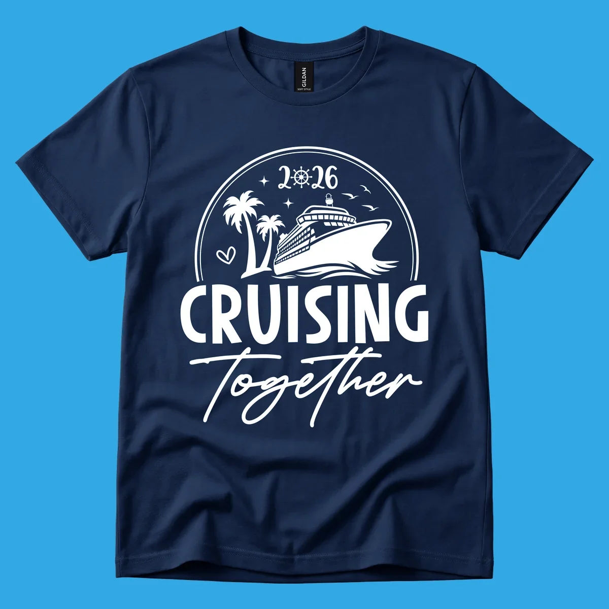 A round badge design with a cruise ship, palm trees, and the text 'CRUISING Together 2026'.