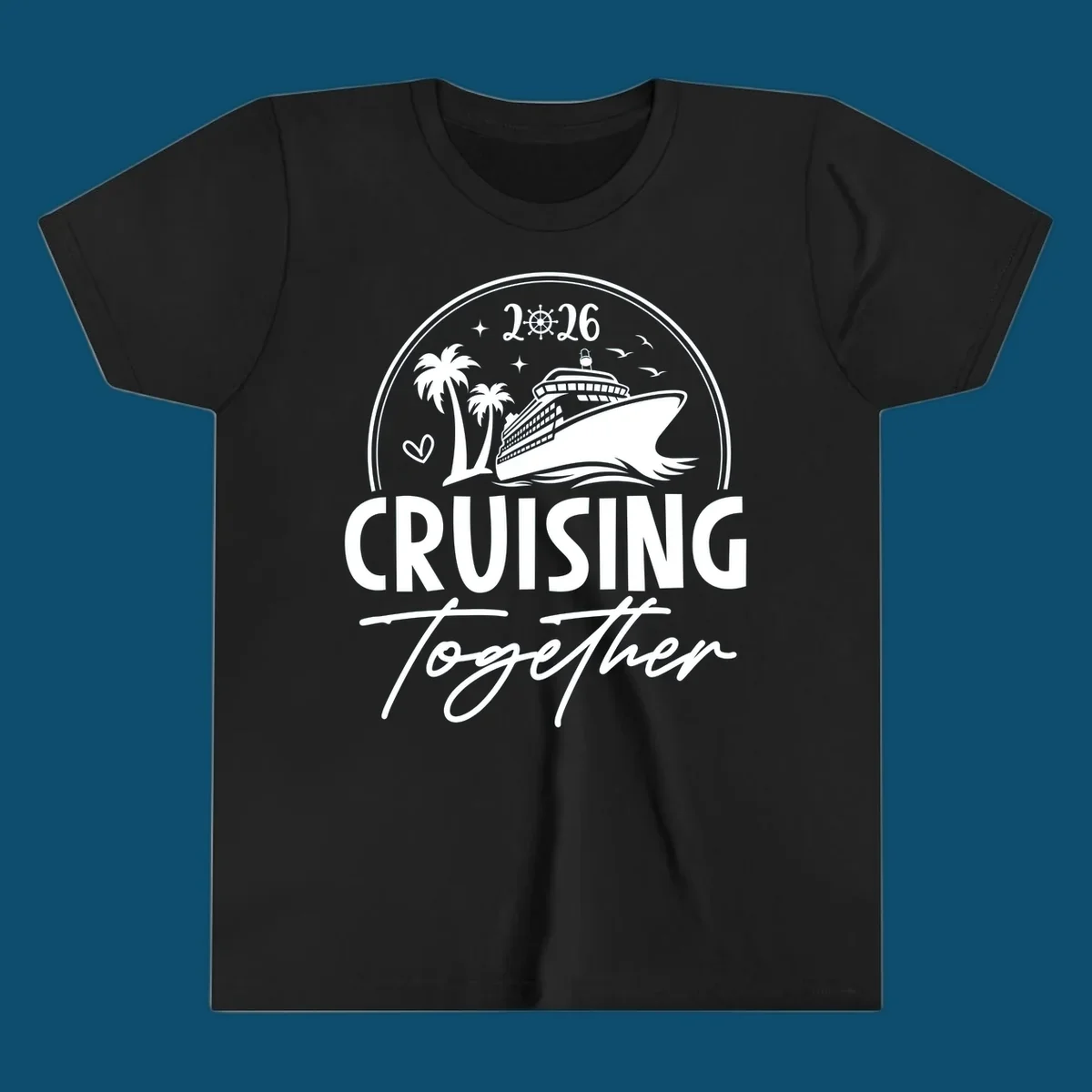 A round badge design with a cruise ship, palm trees, and the text 'CRUISING Together 2026'.