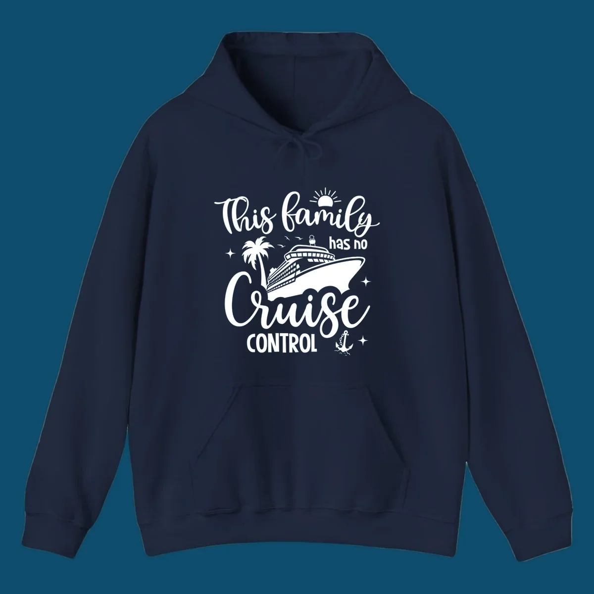 A graphic with the text 'This family has no Cruise Control', featuring a cruise ship, palm tree, sun, birds, stars, and an anchor, perfect for a family no cruise control vacation.