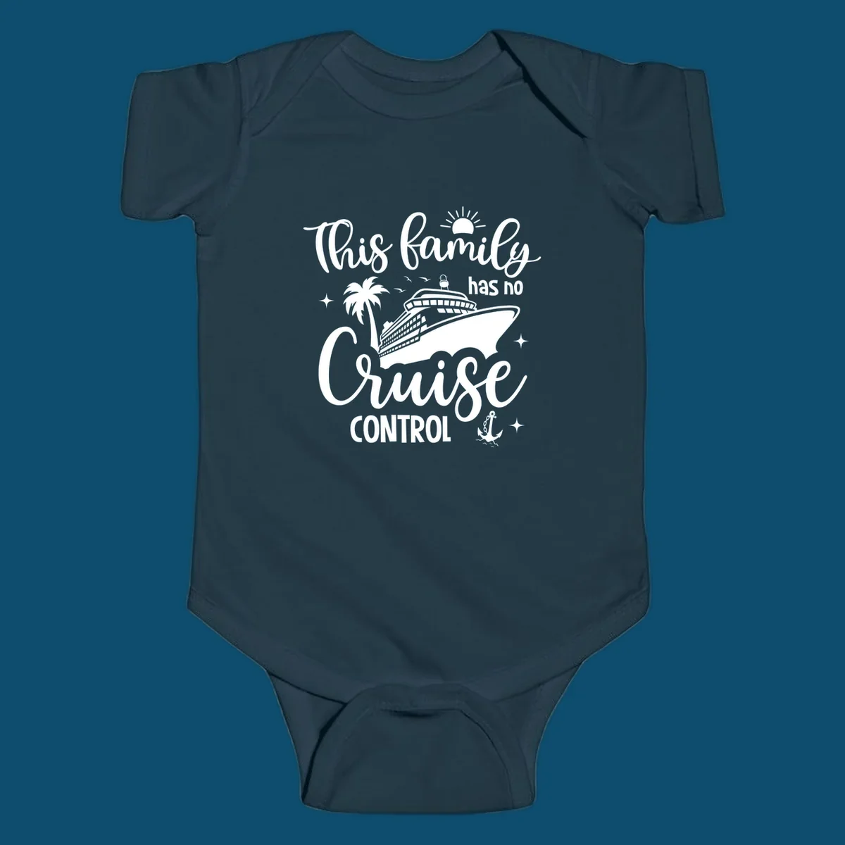 A graphic with the text 'This family has no Cruise Control', featuring a cruise ship, palm tree, sun, birds, stars, and an anchor, perfect for a family no cruise control vacation.