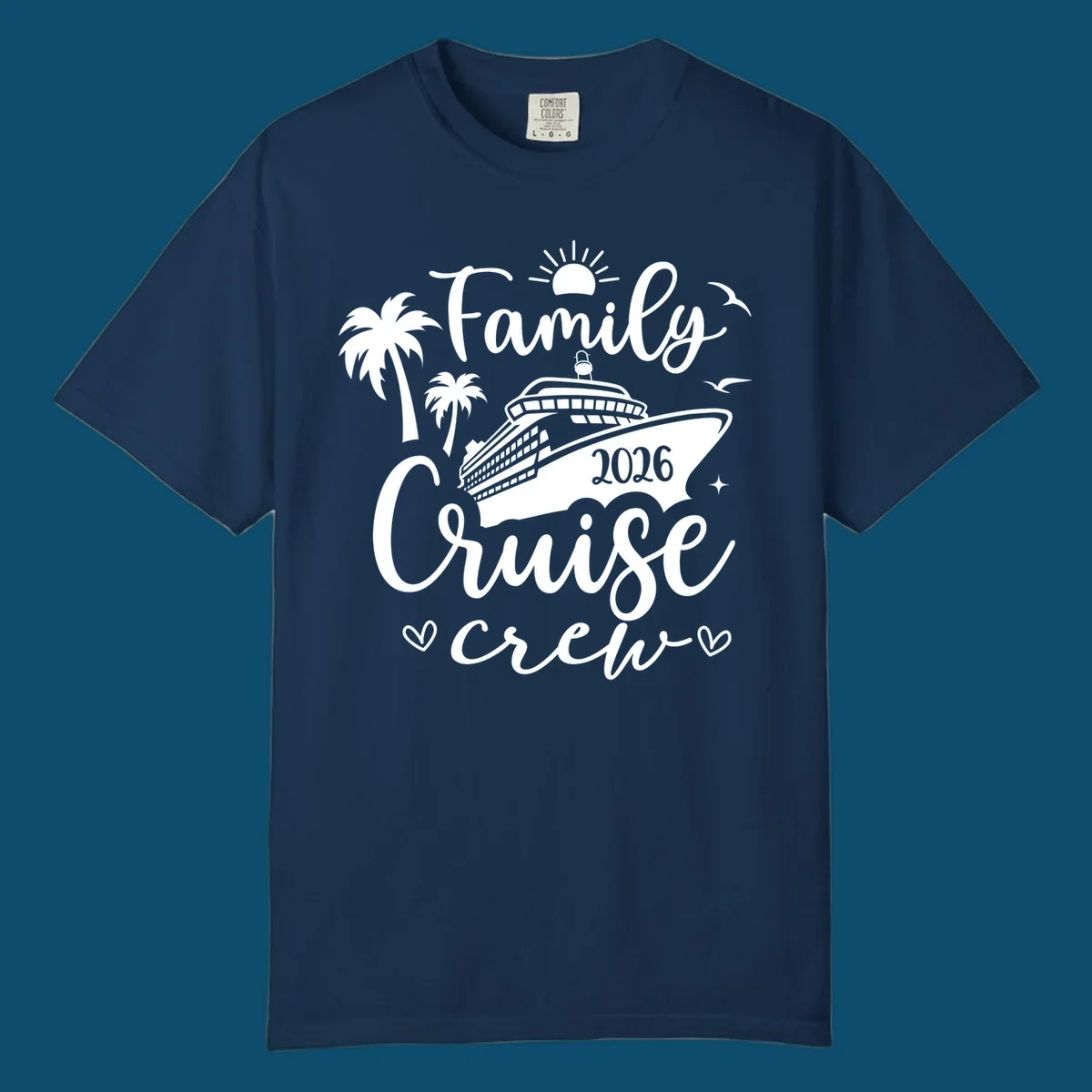 A white graphic design for a family cruise crew in 2026, featuring a cruise ship, palm trees, a sun, birds, stars, and hearts.