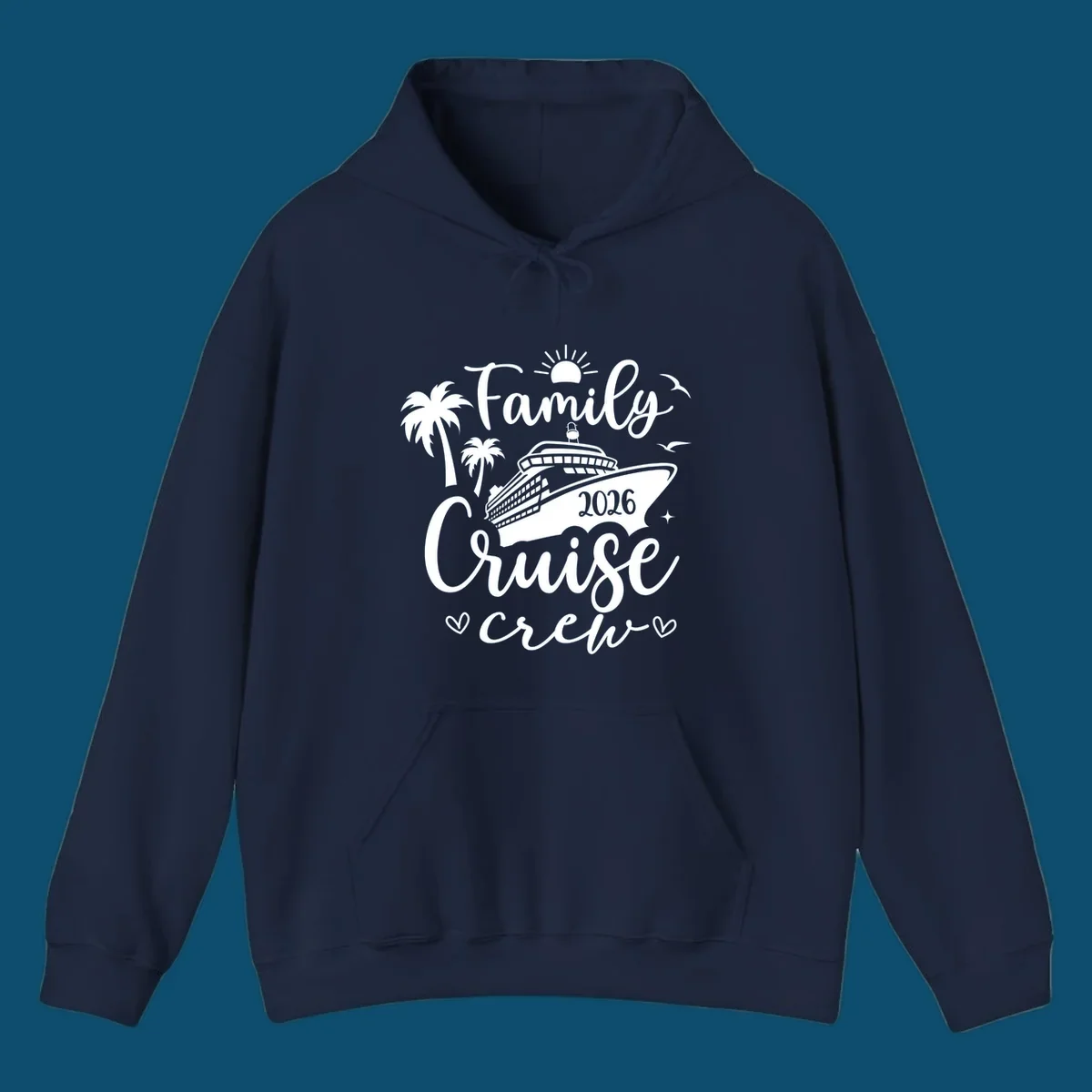 A white graphic design for a family cruise crew in 2026, featuring a cruise ship, palm trees, a sun, birds, stars, and hearts.