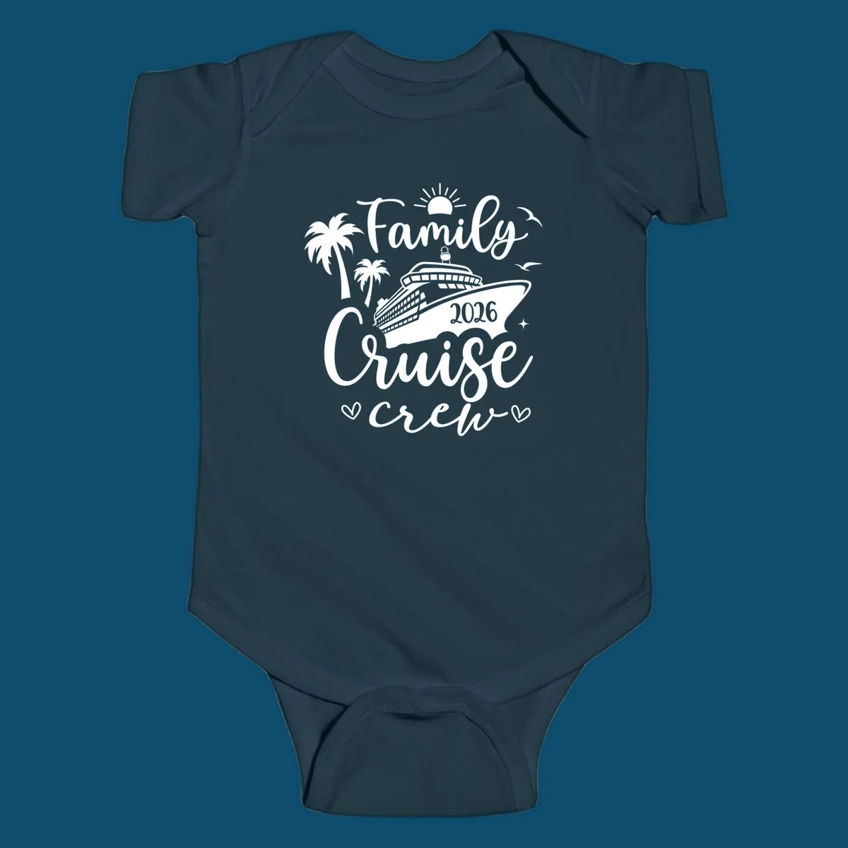 A white graphic design for a family cruise crew in 2026, featuring a cruise ship, palm trees, a sun, birds, stars, and hearts.