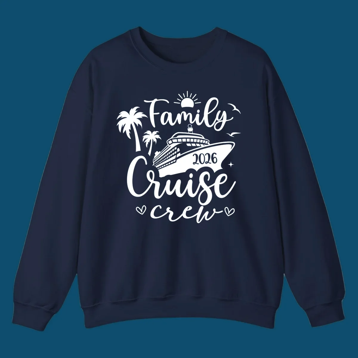 A white graphic design for a family cruise crew in 2026, featuring a cruise ship, palm trees, a sun, birds, stars, and hearts.
