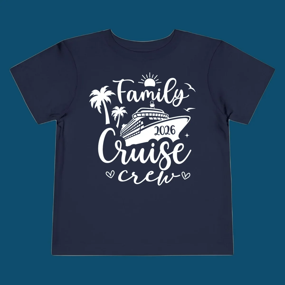 A white graphic design for a family cruise crew in 2026, featuring a cruise ship, palm trees, a sun, birds, stars, and hearts.