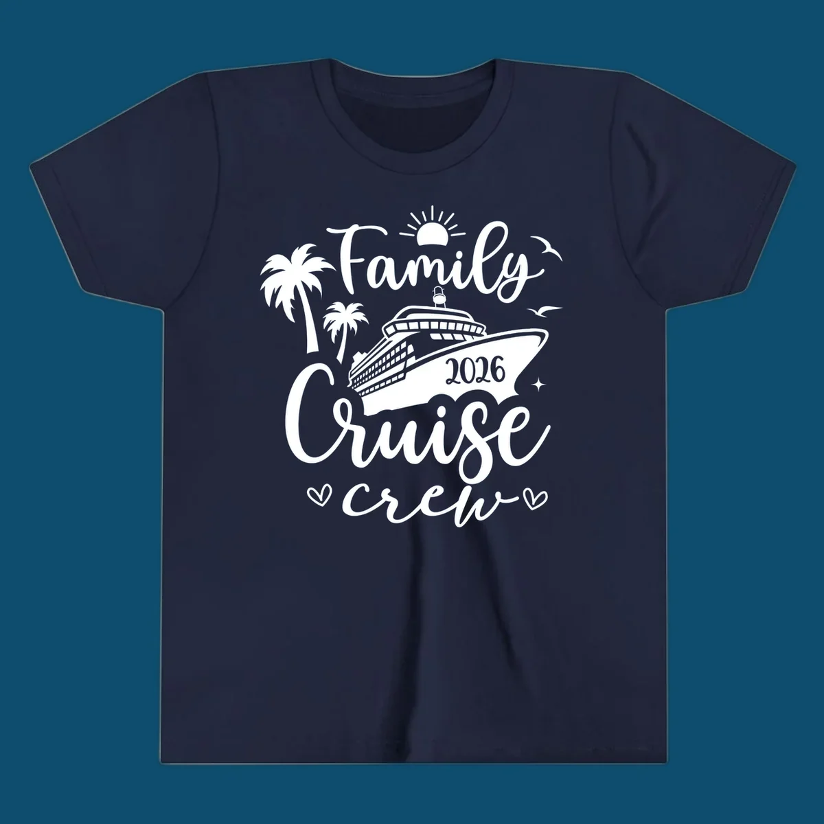 A white graphic design for a family cruise crew in 2026, featuring a cruise ship, palm trees, a sun, birds, stars, and hearts.