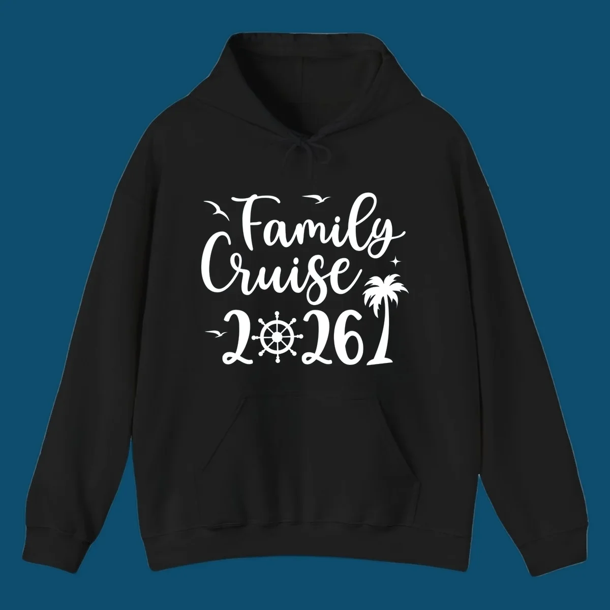 A "Family Cruise 2026" design with birds, a ship's wheel, stars, and a palm tree, celebrating a family cruise.