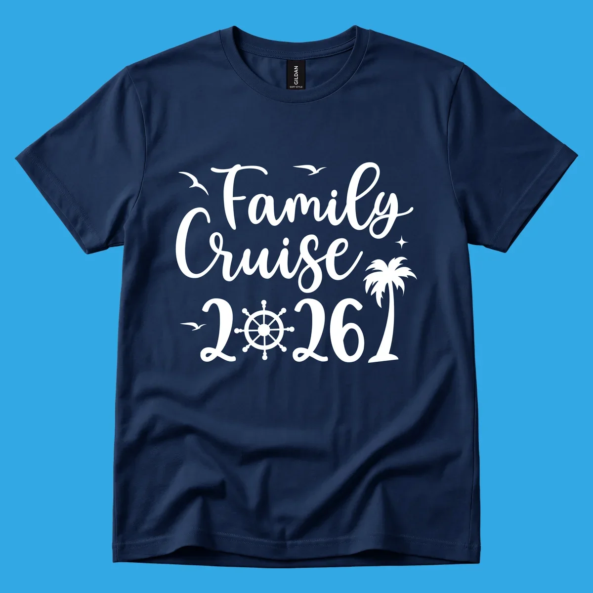 A "Family Cruise 2026" design with birds, a ship's wheel, stars, and a palm tree, celebrating a family cruise.
