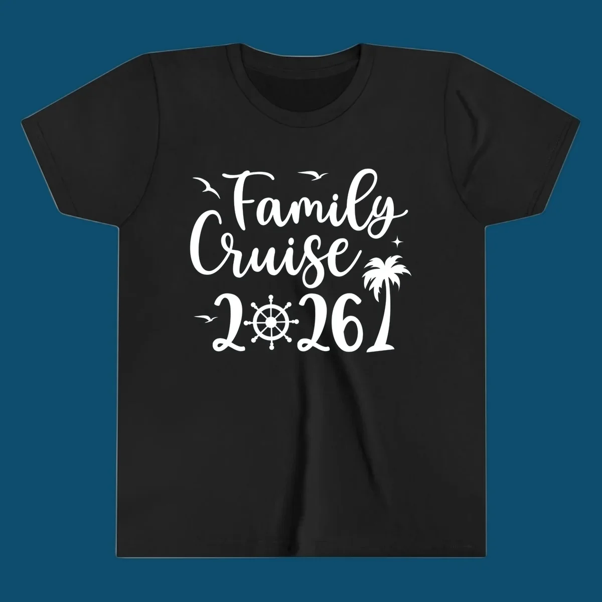 A "Family Cruise 2026" design with birds, a ship's wheel, stars, and a palm tree, celebrating a family cruise.