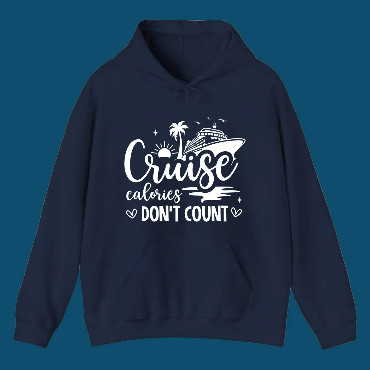 A design for a cruise shirt with a ship, palm tree, sun, and birds, and the text 'Cruise calories DON'T COUNT'.