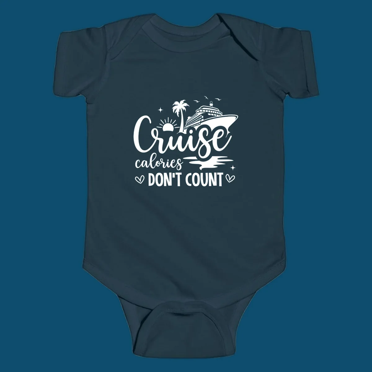 A design for a cruise shirt with a ship, palm tree, sun, and birds, and the text 'Cruise calories DON'T COUNT'.