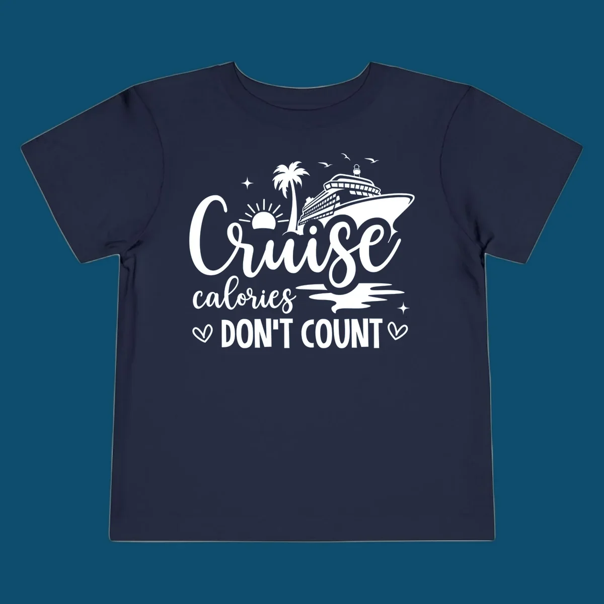 A design for a cruise shirt with a ship, palm tree, sun, and birds, and the text 'Cruise calories DON'T COUNT'.