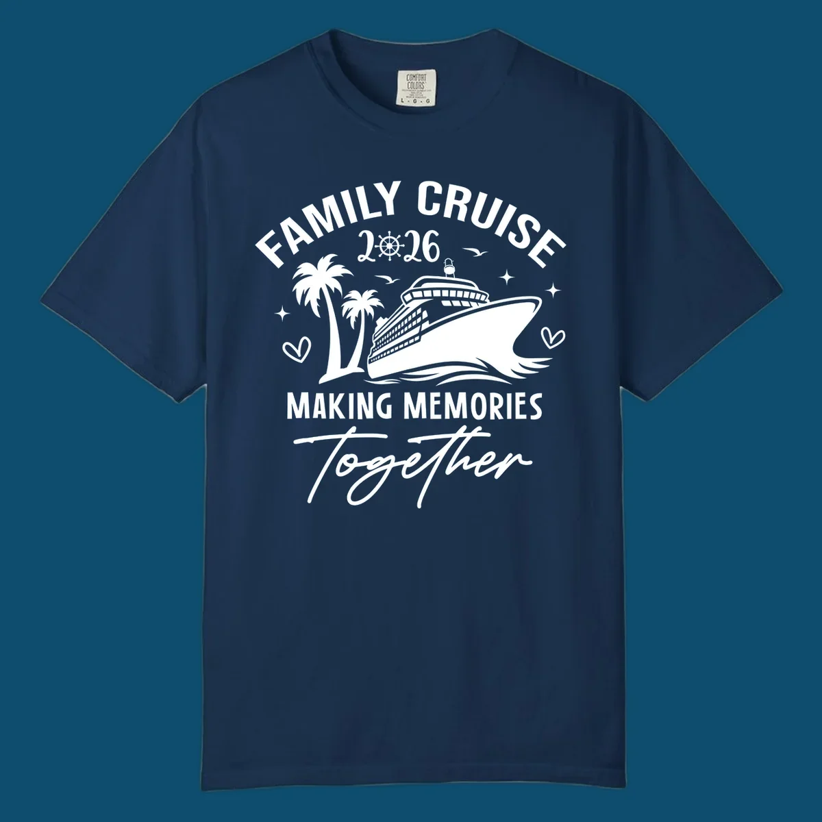A design for a family cruise in 2026, showing a cruise ship, palm trees, and the text 'FAMILY CRUISE 2026 MAKING MEMORIES Together'.