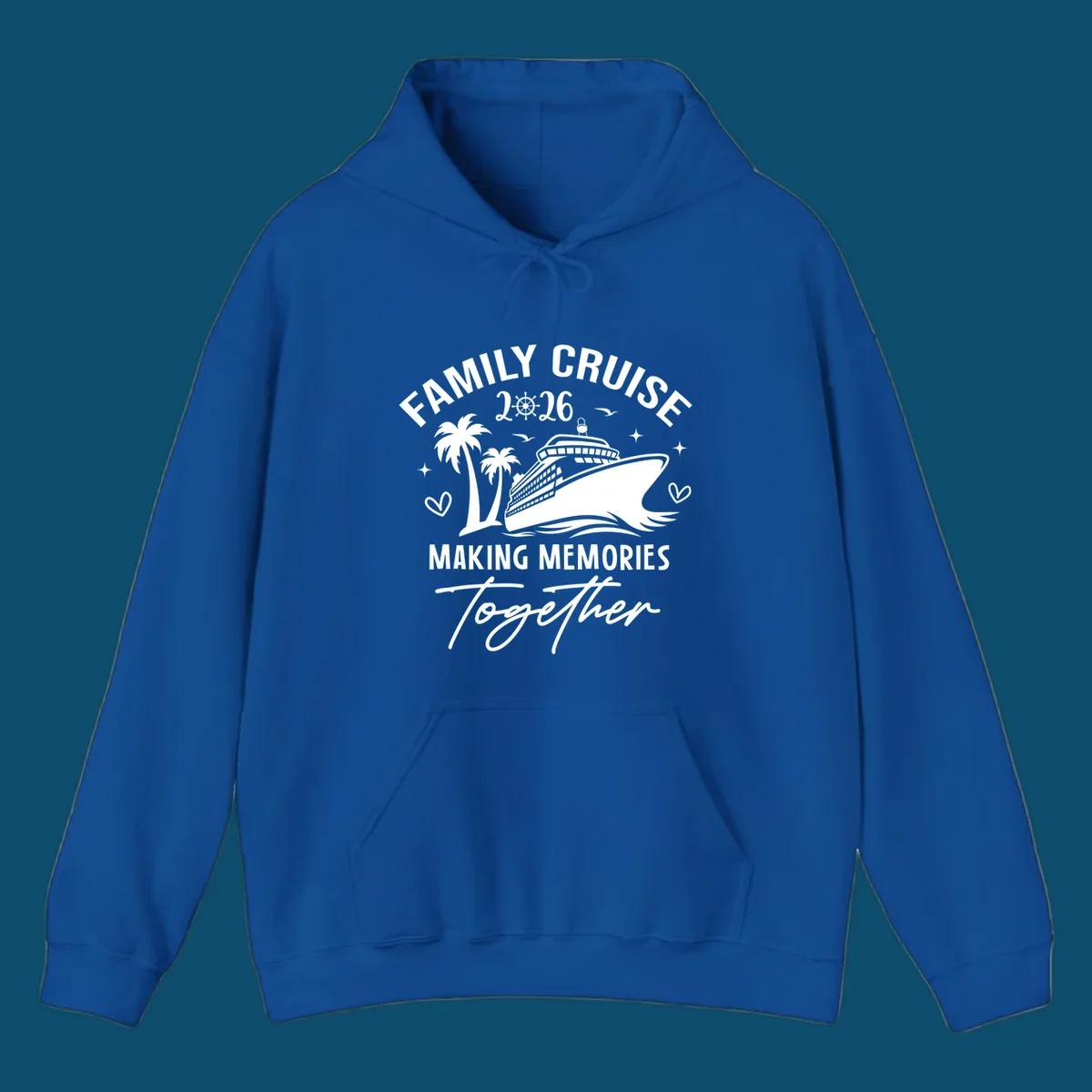 A design for a family cruise in 2026, showing a cruise ship, palm trees, and the text 'FAMILY CRUISE 2026 MAKING MEMORIES Together'.