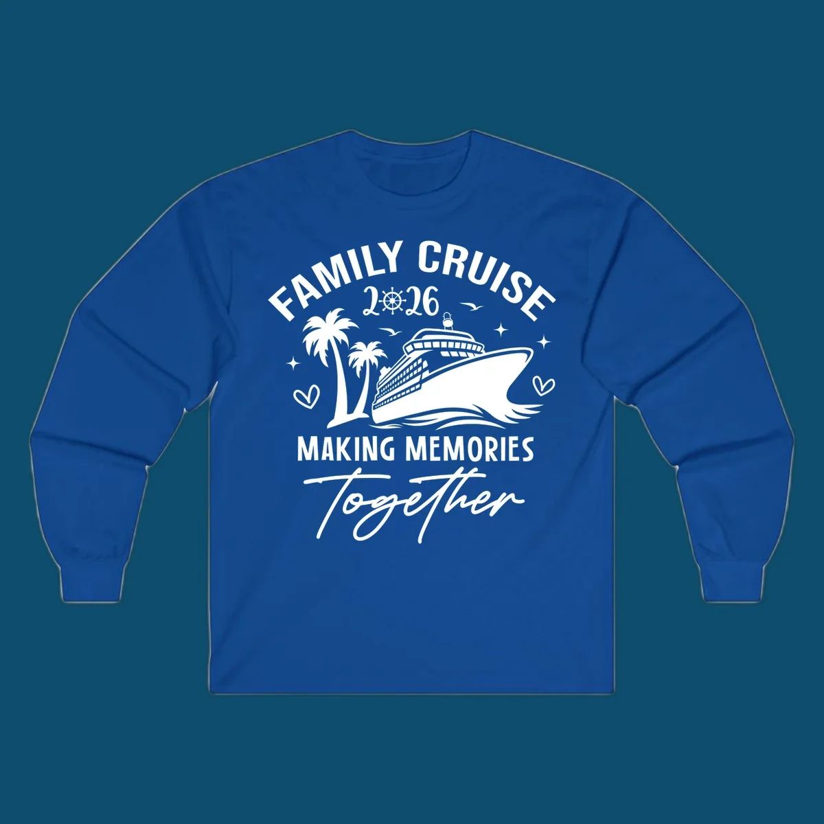 A design for a family cruise in 2026, showing a cruise ship, palm trees, and the text 'FAMILY CRUISE 2026 MAKING MEMORIES Together'.