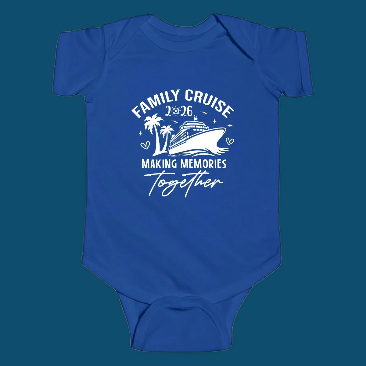 A design for a family cruise in 2026, showing a cruise ship, palm trees, and the text 'FAMILY CRUISE 2026 MAKING MEMORIES Together'.