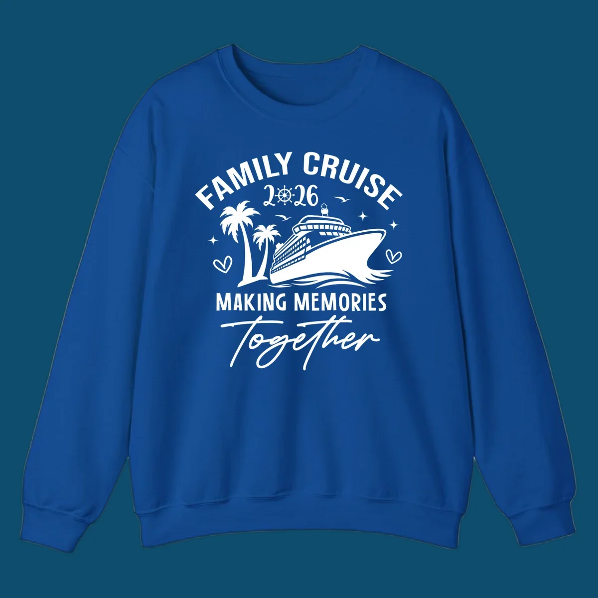 A design for a family cruise in 2026, showing a cruise ship, palm trees, and the text 'FAMILY CRUISE 2026 MAKING MEMORIES Together'.