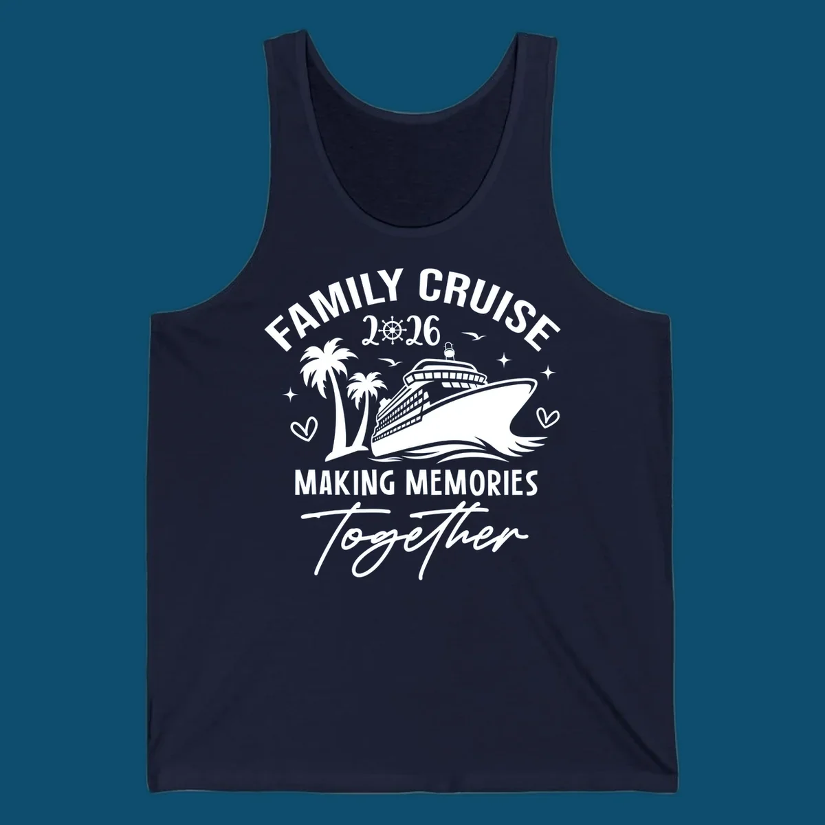 A design for a family cruise in 2026, showing a cruise ship, palm trees, and the text 'FAMILY CRUISE 2026 MAKING MEMORIES Together'.
