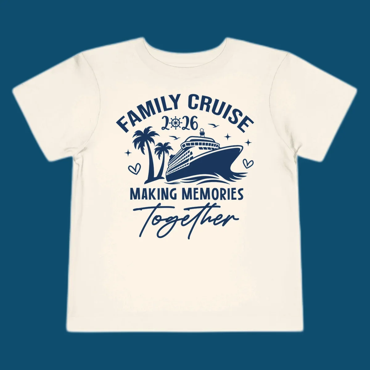 A design for a family cruise in 2026, showing a cruise ship, palm trees, and the text 'FAMILY CRUISE 2026 MAKING MEMORIES Together'.