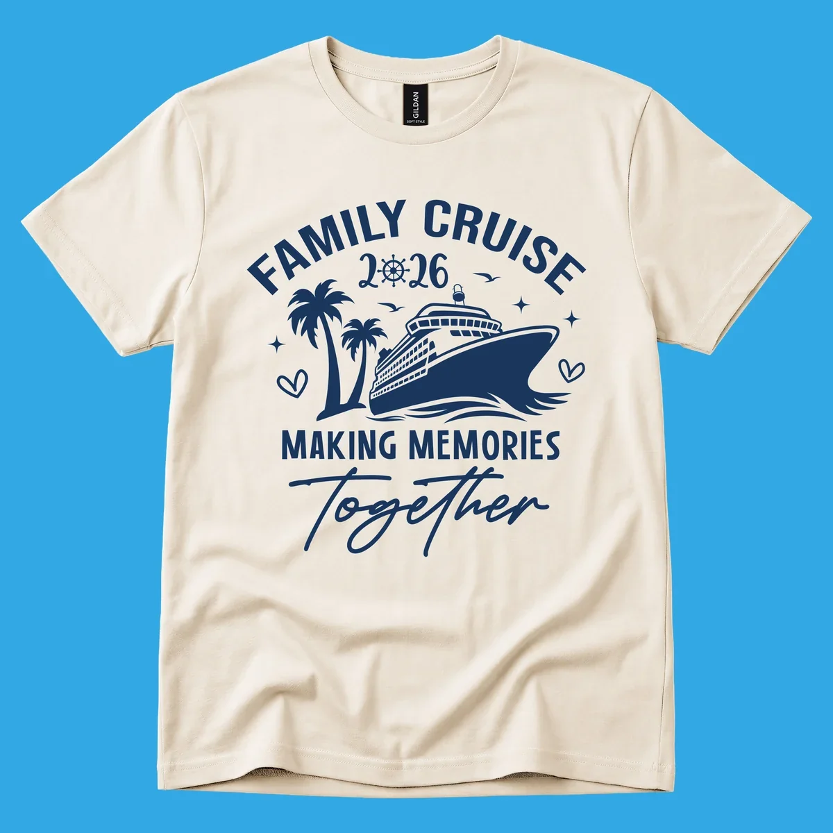 A design for a family cruise in 2026, showing a cruise ship, palm trees, and the text 'FAMILY CRUISE 2026 MAKING MEMORIES Together'.