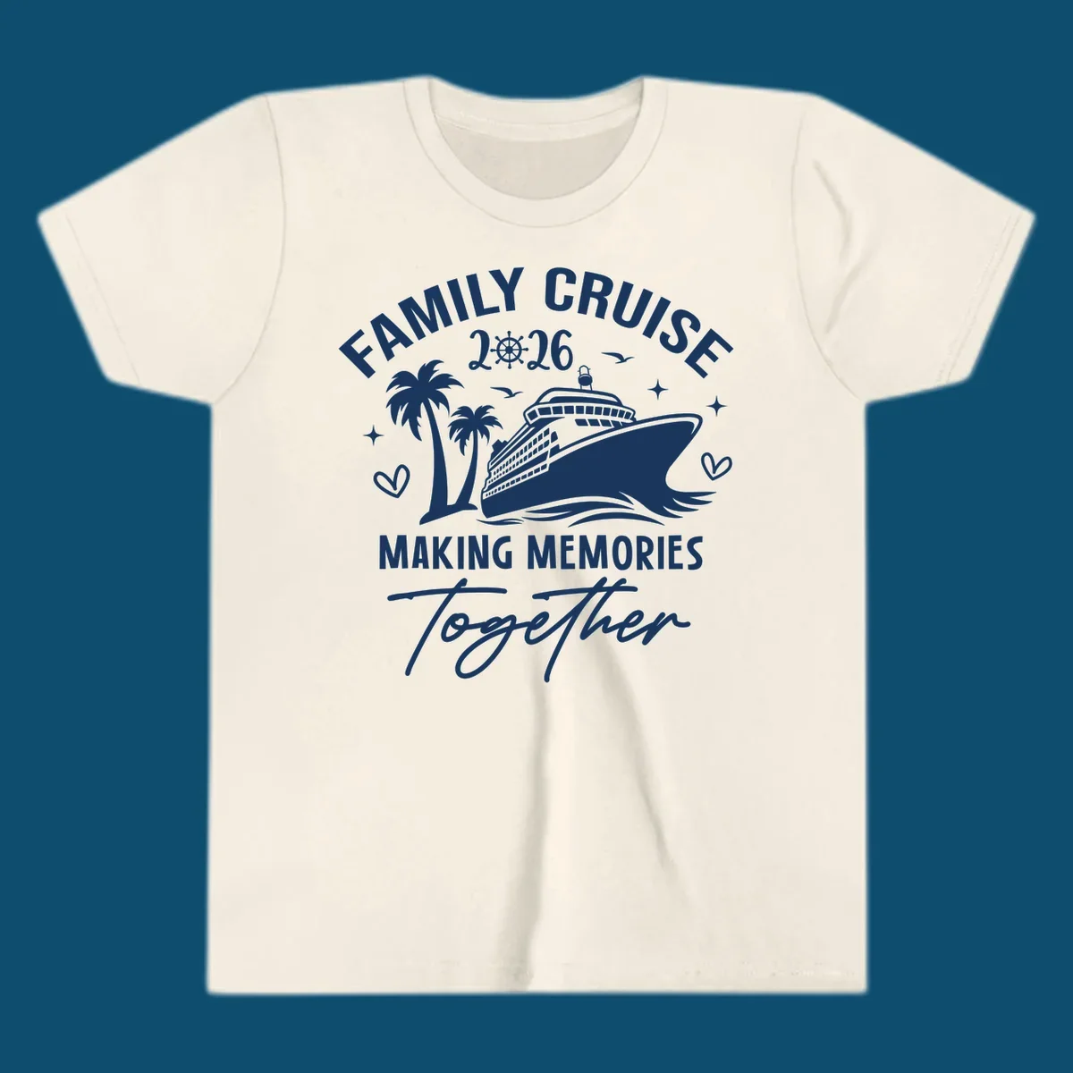 A design for a family cruise in 2026, showing a cruise ship, palm trees, and the text 'FAMILY CRUISE 2026 MAKING MEMORIES Together'.