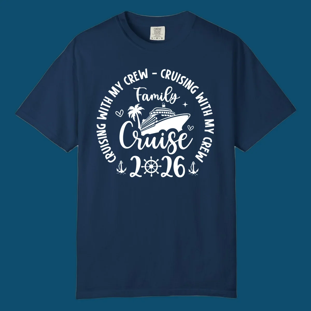 A white and navy graphic for a family cruise in 2026, featuring a cruise ship, palm tree, and nautical elements.