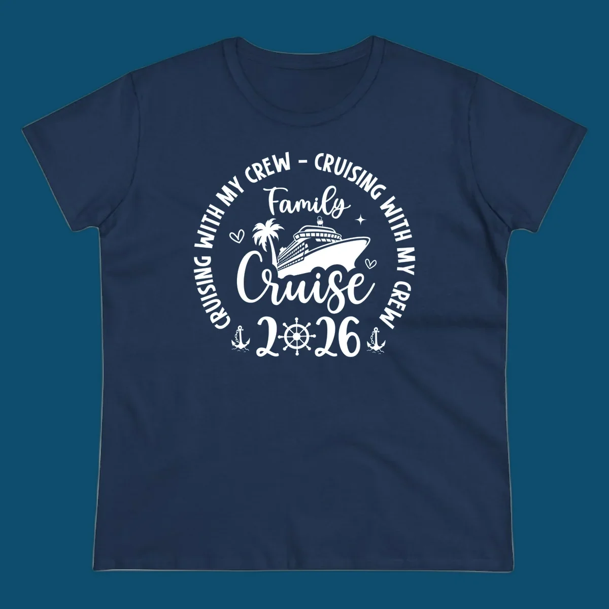 A white and navy graphic for a family cruise in 2026, featuring a cruise ship, palm tree, and nautical elements.