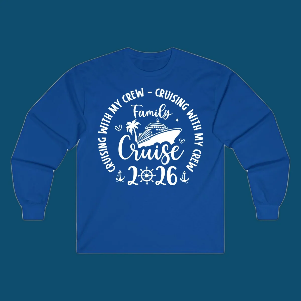 A white and navy graphic for a family cruise in 2026, featuring a cruise ship, palm tree, and nautical elements.