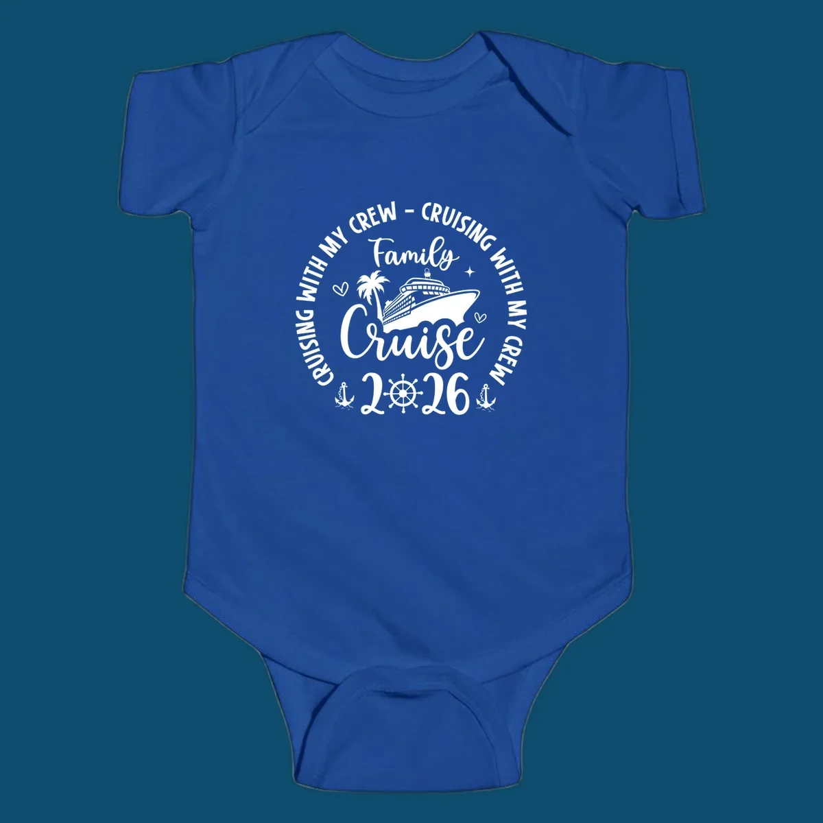 A white and navy graphic for a family cruise in 2026, featuring a cruise ship, palm tree, and nautical elements.