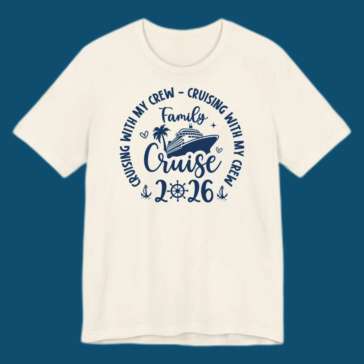 A white and navy graphic for a family cruise in 2026, featuring a cruise ship, palm tree, and nautical elements.