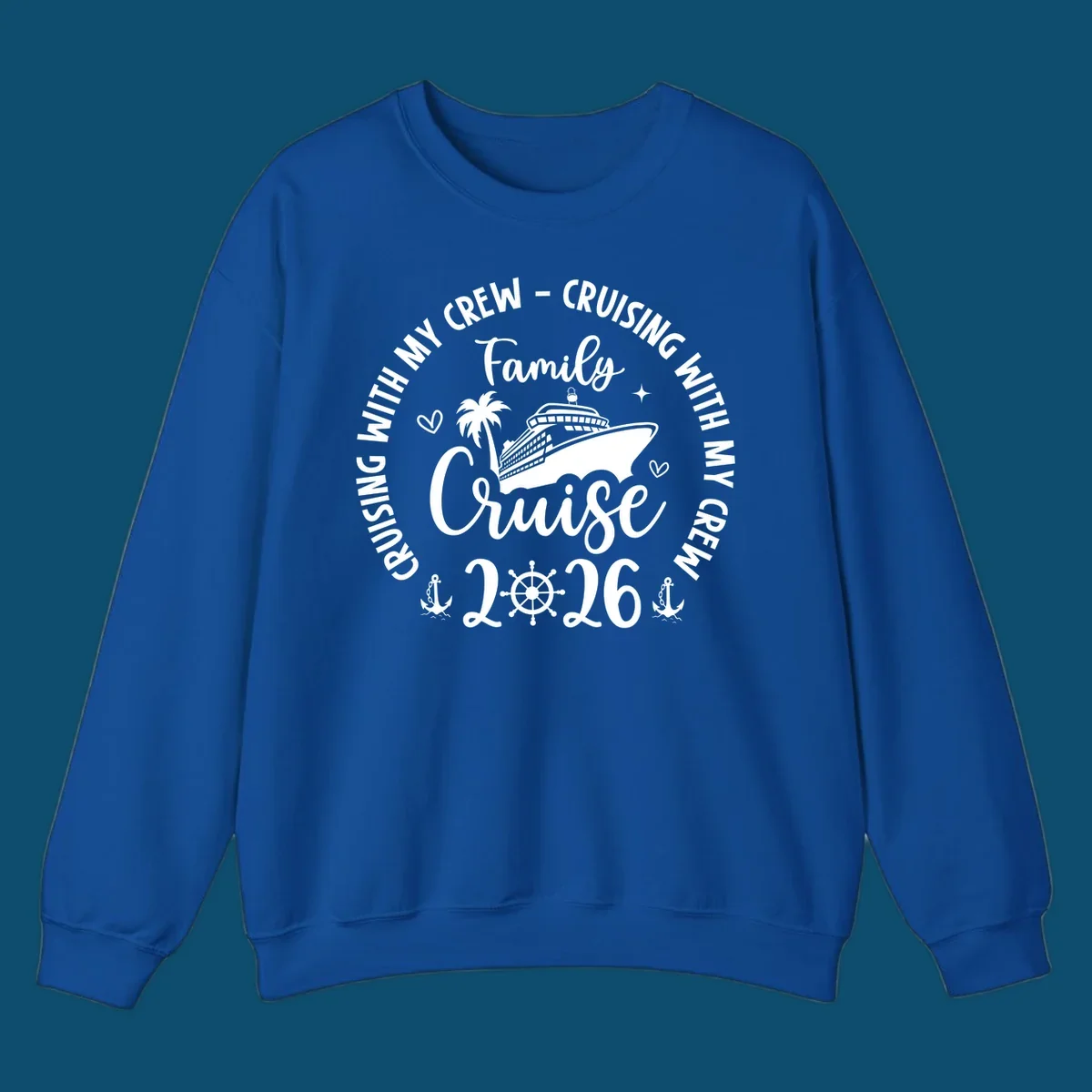 A white and navy graphic for a family cruise in 2026, featuring a cruise ship, palm tree, and nautical elements.