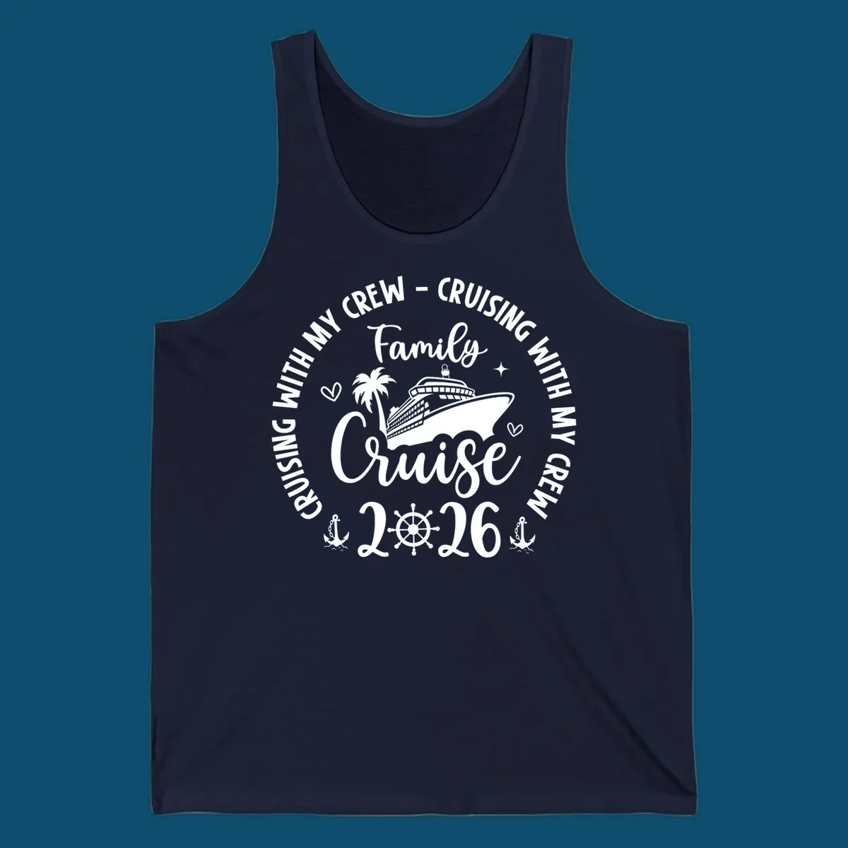 A white and navy graphic for a family cruise in 2026, featuring a cruise ship, palm tree, and nautical elements.