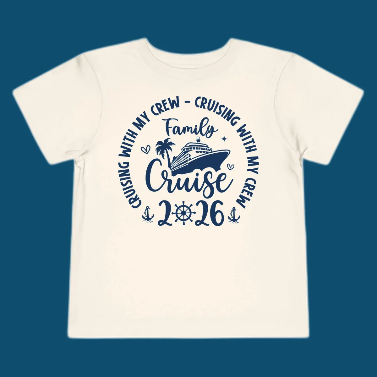 A white and navy graphic for a family cruise in 2026, featuring a cruise ship, palm tree, and nautical elements.