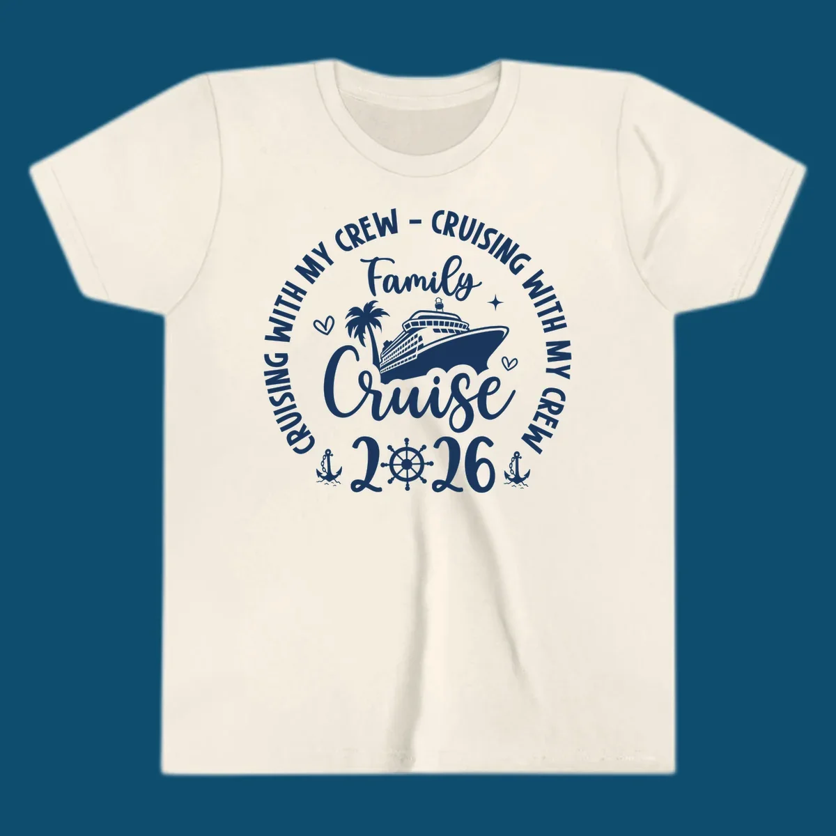 A white and navy graphic for a family cruise in 2026, featuring a cruise ship, palm tree, and nautical elements.