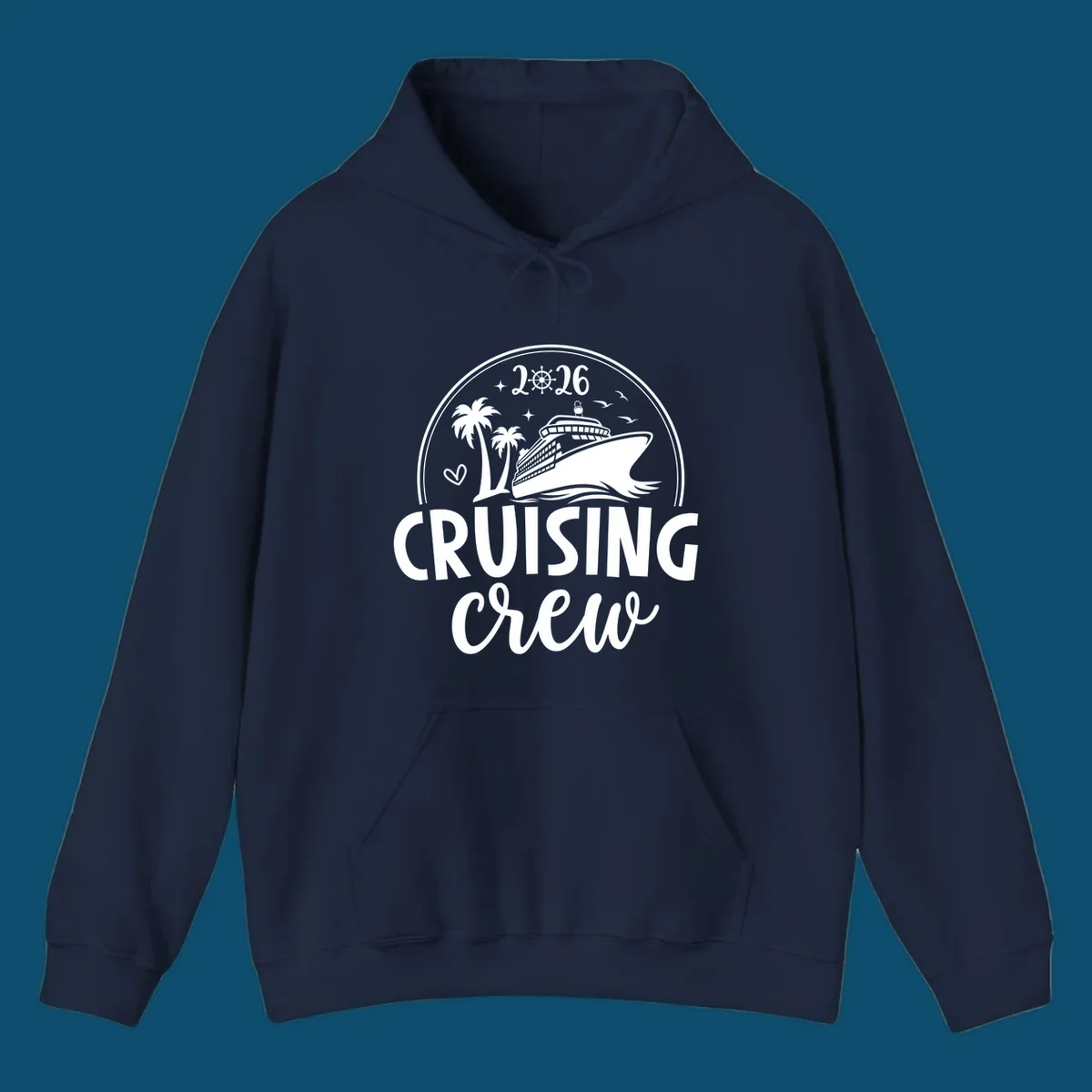 A circular badge design for 2026 Cruising Crew featuring a cruise ship, palm trees, and the year 2026.