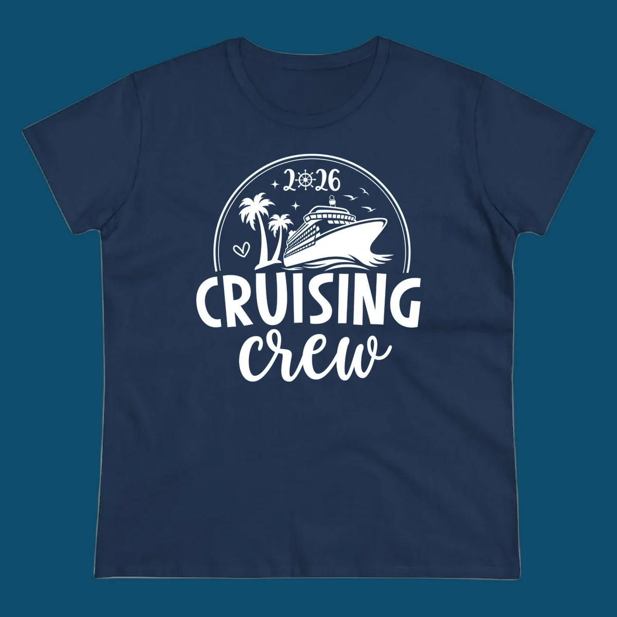 A circular badge design for 2026 Cruising Crew featuring a cruise ship, palm trees, and the year 2026.