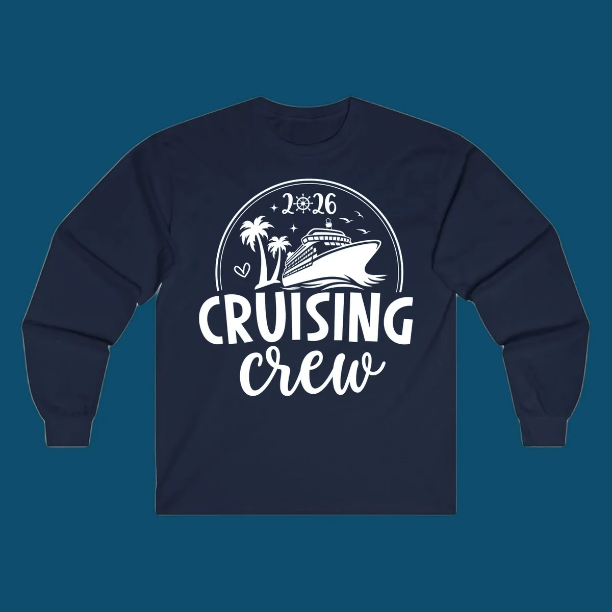 A circular badge design for 2026 Cruising Crew featuring a cruise ship, palm trees, and the year 2026.