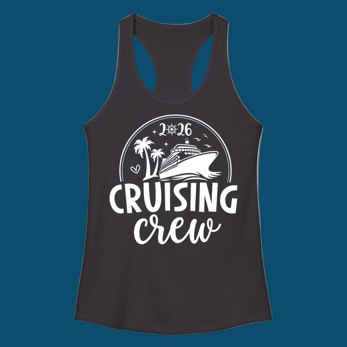 A circular badge design for 2026 Cruising Crew featuring a cruise ship, palm trees, and the year 2026.