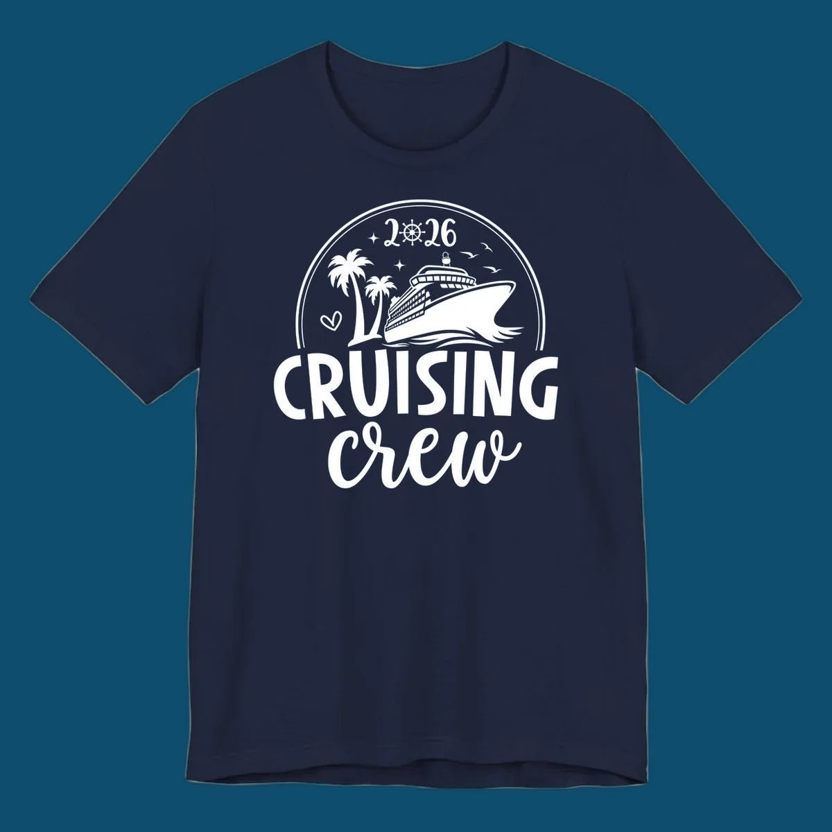 A circular badge design for 2026 Cruising Crew featuring a cruise ship, palm trees, and the year 2026.