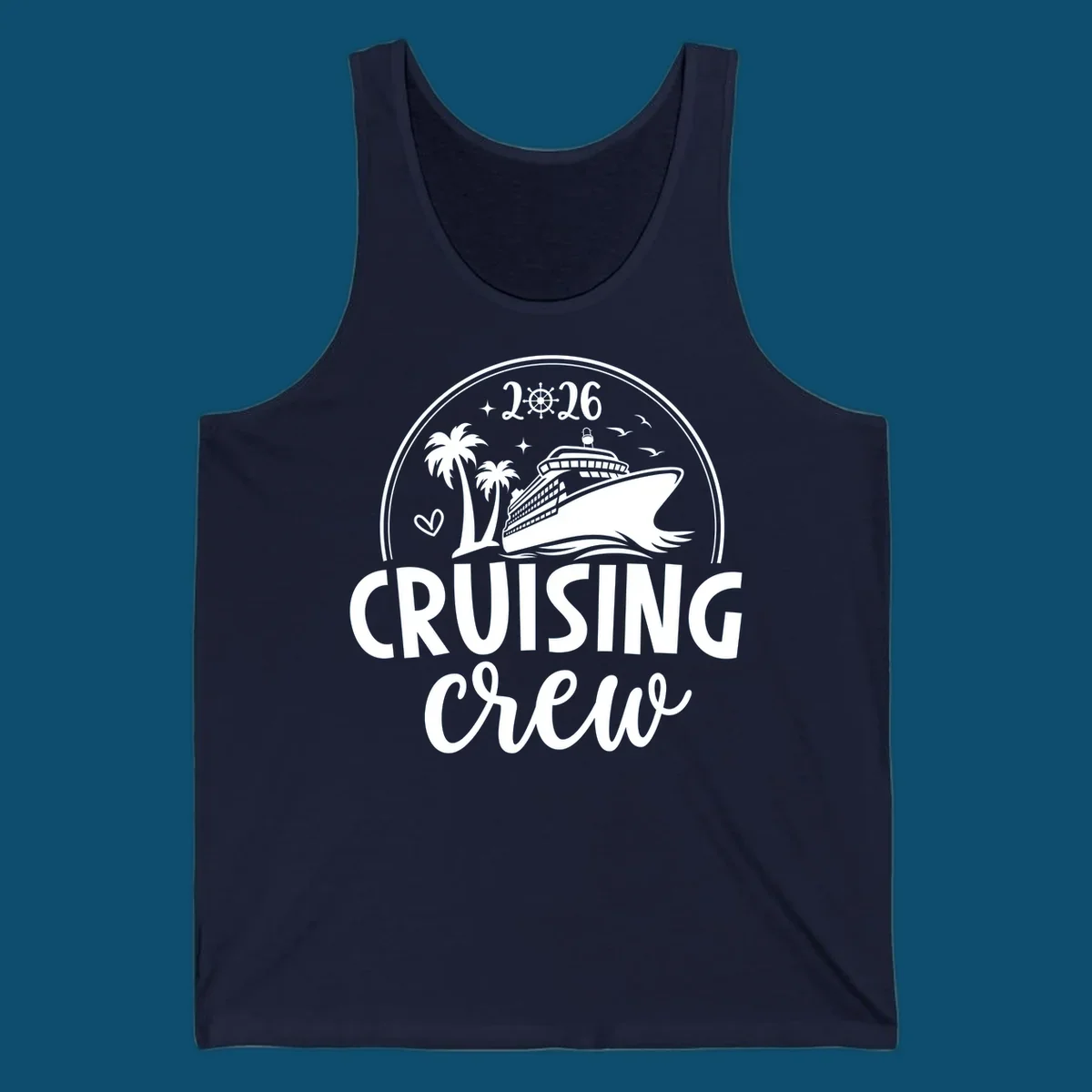 A circular badge design for 2026 Cruising Crew featuring a cruise ship, palm trees, and the year 2026.