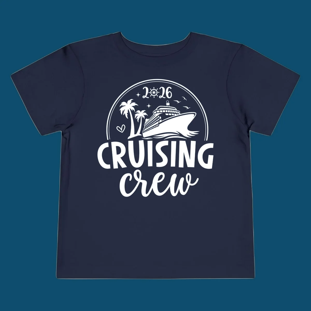 A circular badge design for 2026 Cruising Crew featuring a cruise ship, palm trees, and the year 2026.