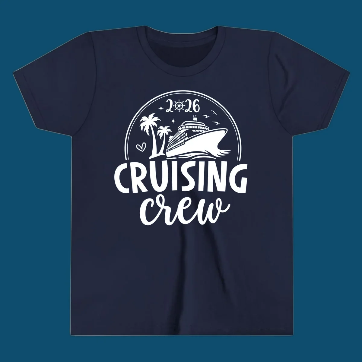 A circular badge design for 2026 Cruising Crew featuring a cruise ship, palm trees, and the year 2026.