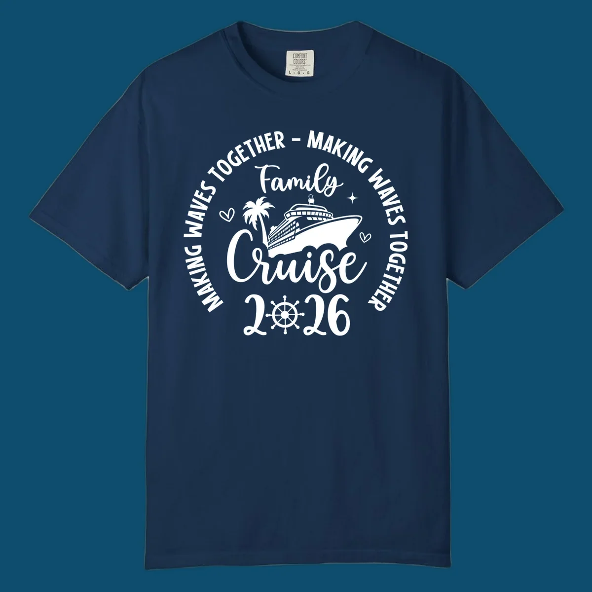 White and dark blue graphic for family-cruise-2026-making-waves with a cruise ship, palm tree, hearts, and a ship's wheel.