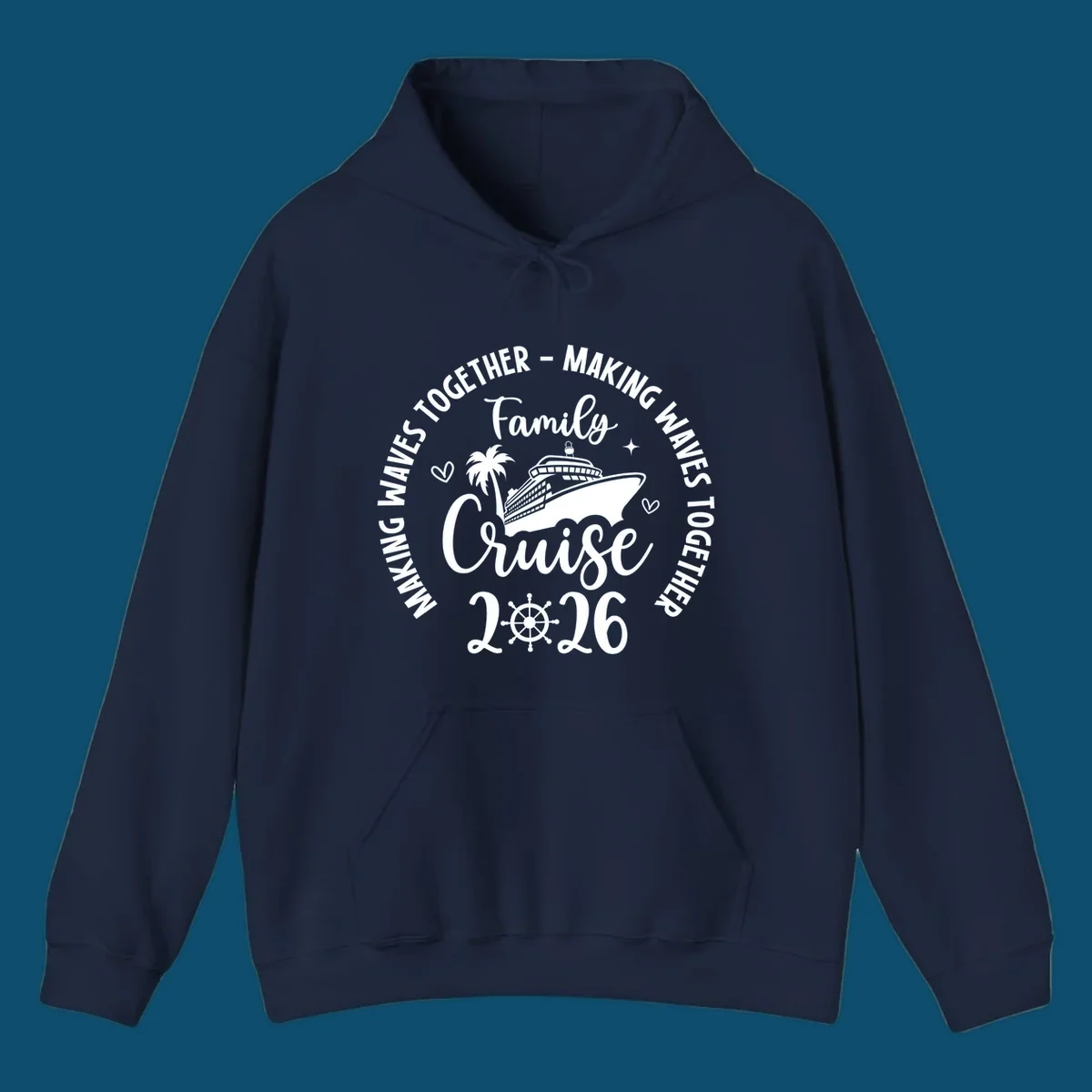 White and dark blue graphic for family-cruise-2026-making-waves with a cruise ship, palm tree, hearts, and a ship's wheel.