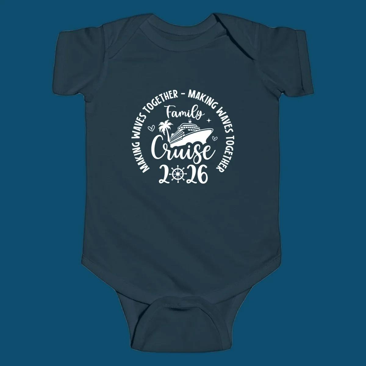 White and dark blue graphic for family-cruise-2026-making-waves with a cruise ship, palm tree, hearts, and a ship's wheel.