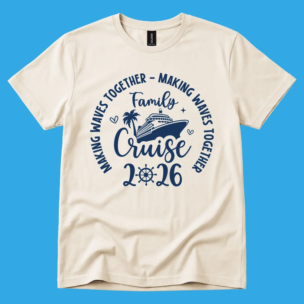 White and dark blue graphic for family-cruise-2026-making-waves with a cruise ship, palm tree, hearts, and a ship's wheel.