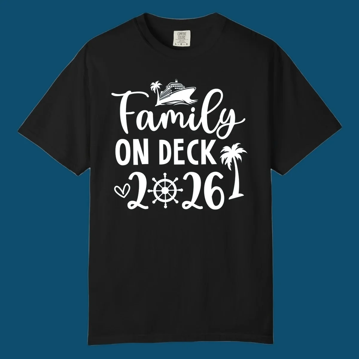 A design with the text 'Family ON DECK 2026', a cruise ship, palm trees, a heart, and a ship's wheel, representing a family-on-deck-2026-cruise.